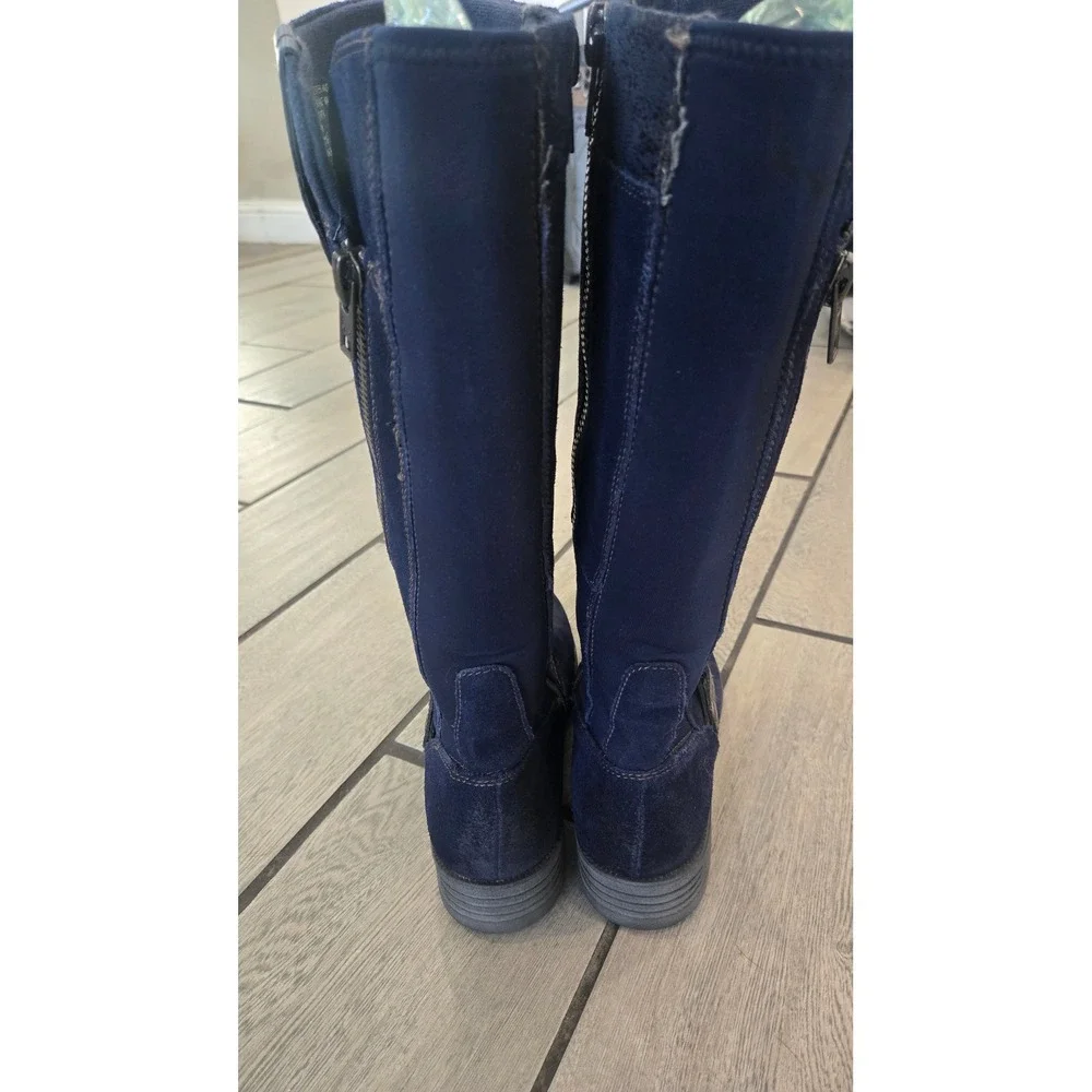 Earth Origins Portia Navy Blue Suede Tall Boots Womens 8M Buckle Zip Knee High